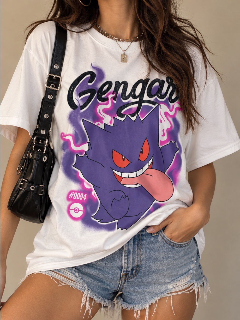 Pokémon Gengar #0094 Graphic T-Shirt White Purple Pink Size M
